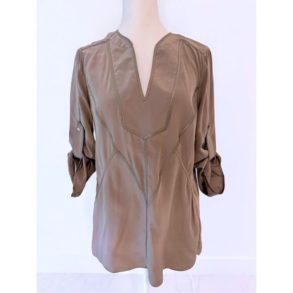 BCBG Silk Tan Light Brown Blouse Tunic Sz XS - Picture 2 of 5